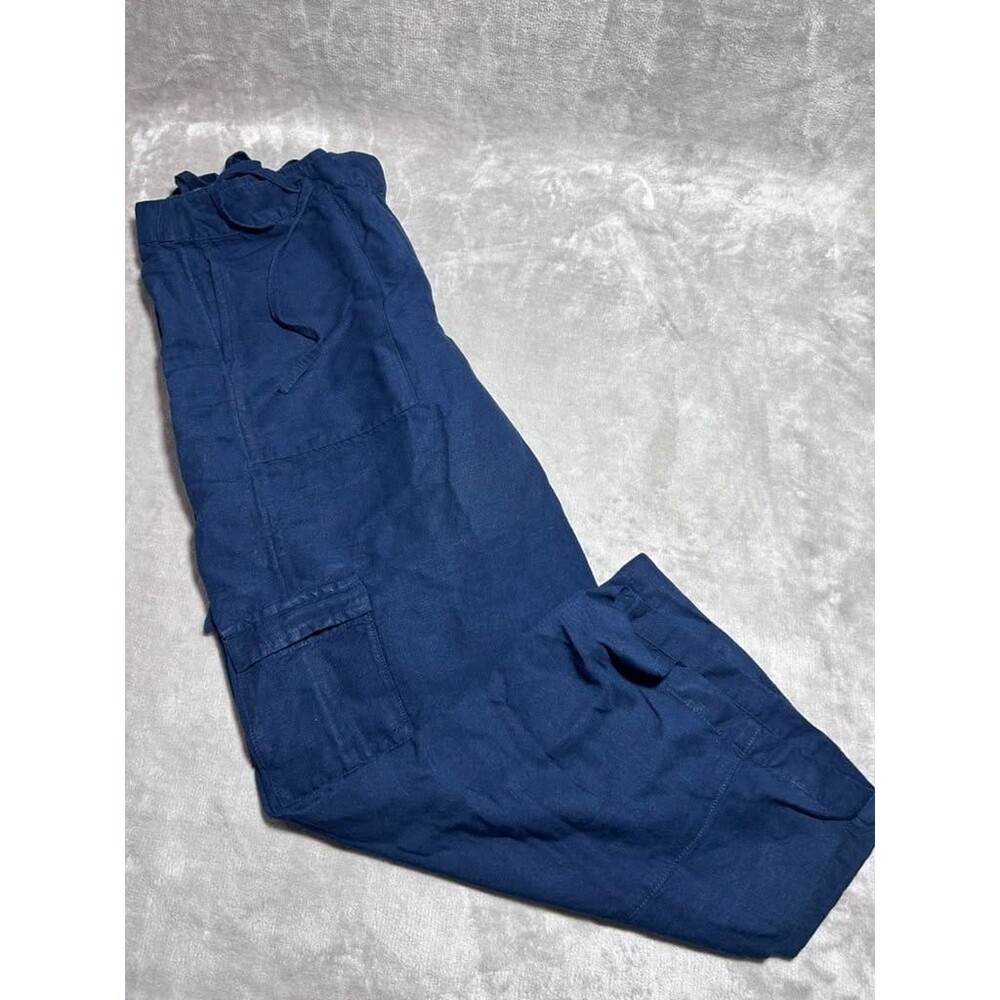 J.Jill Linen Cargo Pants Women Size 12 Navy Blue Baggy Loose Wide